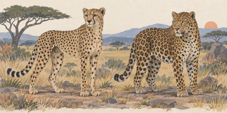 A lean cheetah with solid black spots and facial tear stripes beside a muscular leopard with dark rosettes.