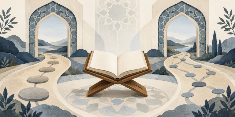 A shared open book on a wooden stand between two equal Islamic-style arches, with branching paths used as a metaphor for different authority traditions.