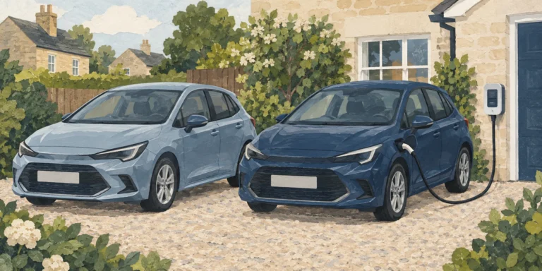 Two similar unbranded hatchbacks on a driveway, with the right car connected at its charge port to a wall-mounted charger and the left car unplugged.