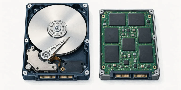 An opened hard disk drive with a metallic platter and actuator arm beside an opened solid-state drive with flash-memory chips on a circuit board.