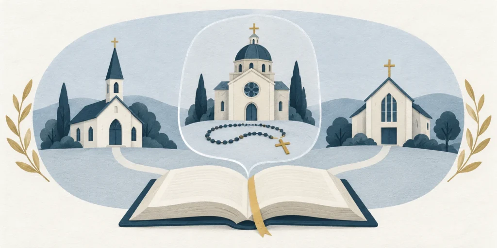 Three Christian church silhouettes within one blue paper field, with a smaller outline around a central church and rosary to suggest Catholic Christianity within the wider faith.