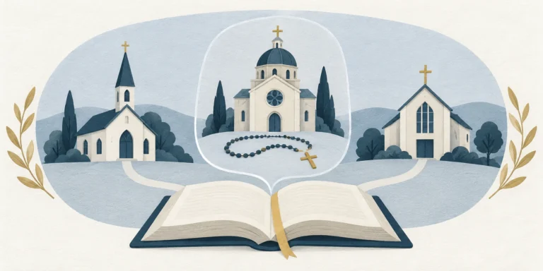 Three Christian church silhouettes within one blue paper field, with a smaller outline around a central church and rosary to suggest Catholic Christianity within the wider faith.