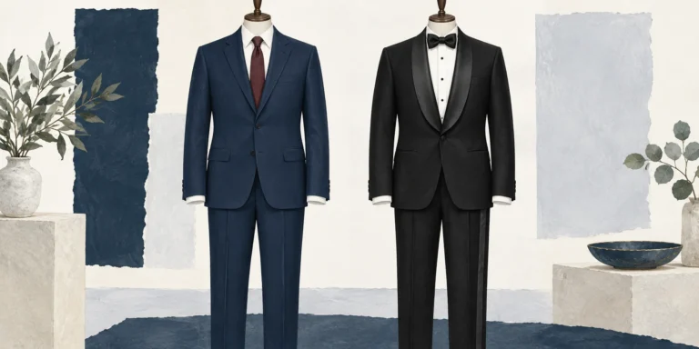 A navy lounge suit with a straight tie beside a black tuxedo with satin shawl lapels and a black bow tie.