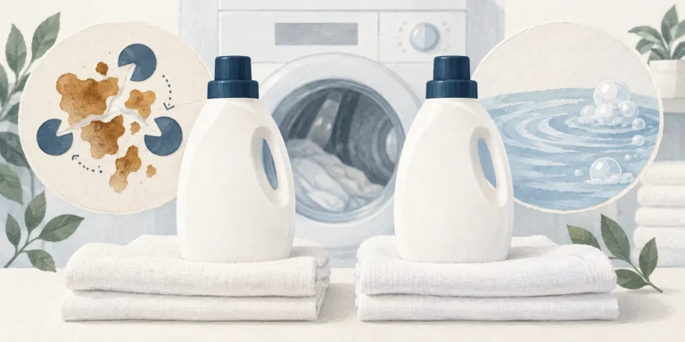 Two blank laundry-detergent bottles on folded cotton, with symbolic enzyme shapes breaking a food stain beside one and water ripples beside the other.