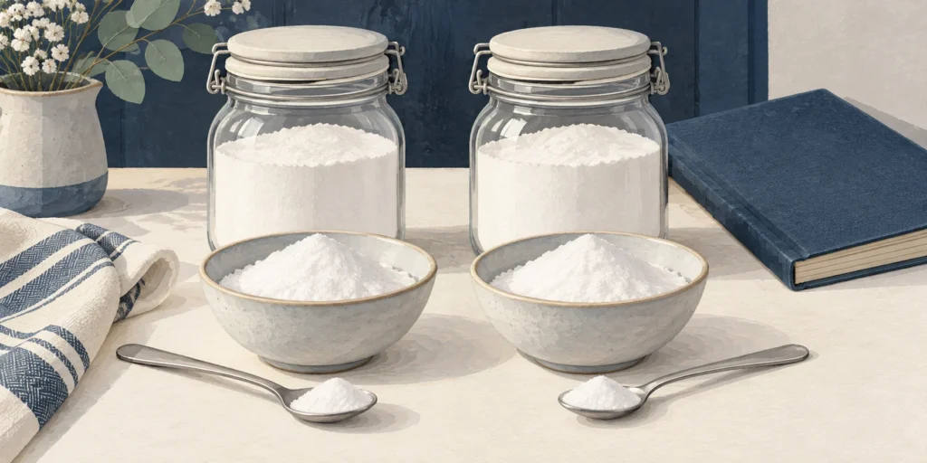 Two matching kitchen jars and bowls of the same fine white baking ingredient, with teaspoons and a plain recipe notebook.