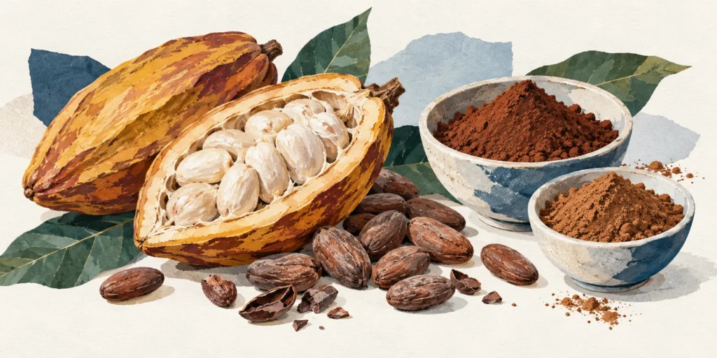 A cut cacao pod showing pale pulp-covered seeds, dried brown beans and two bowls of brown cocoa powder on a textured ivory background.