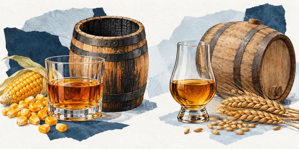Amber spirit with corn and an open charred oak barrel beside another amber whisky glass with barley and an oak cask.