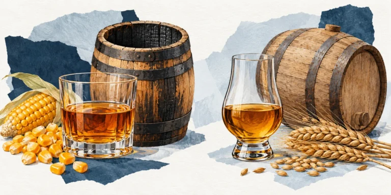 Amber spirit with corn and an open charred oak barrel beside another amber whisky glass with barley and an oak cask.