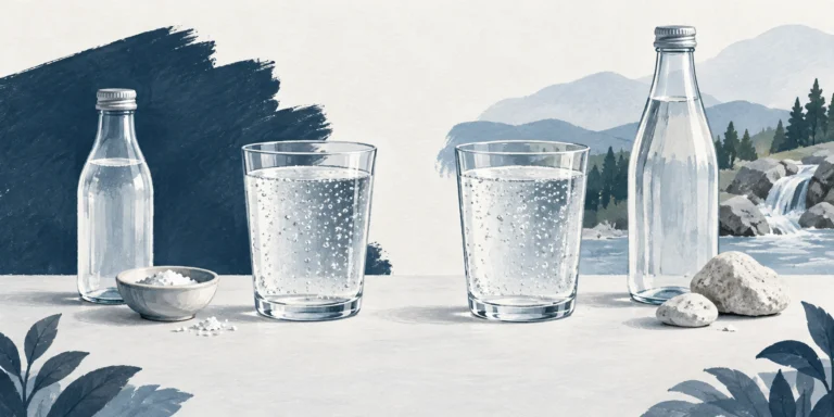 Two glasses of clear fizzy water, with a mixer bottle and salt dish on the left and a mineral-water bottle, limestone and spring landscape on the right.