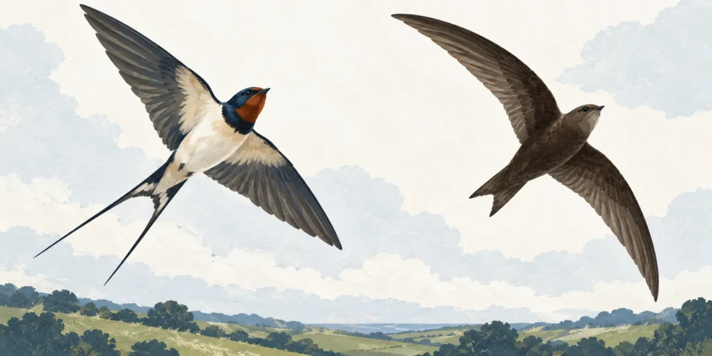 A pale-bellied barn swallow with long tail streamers flying beside a dark common swift with a short forked tail.