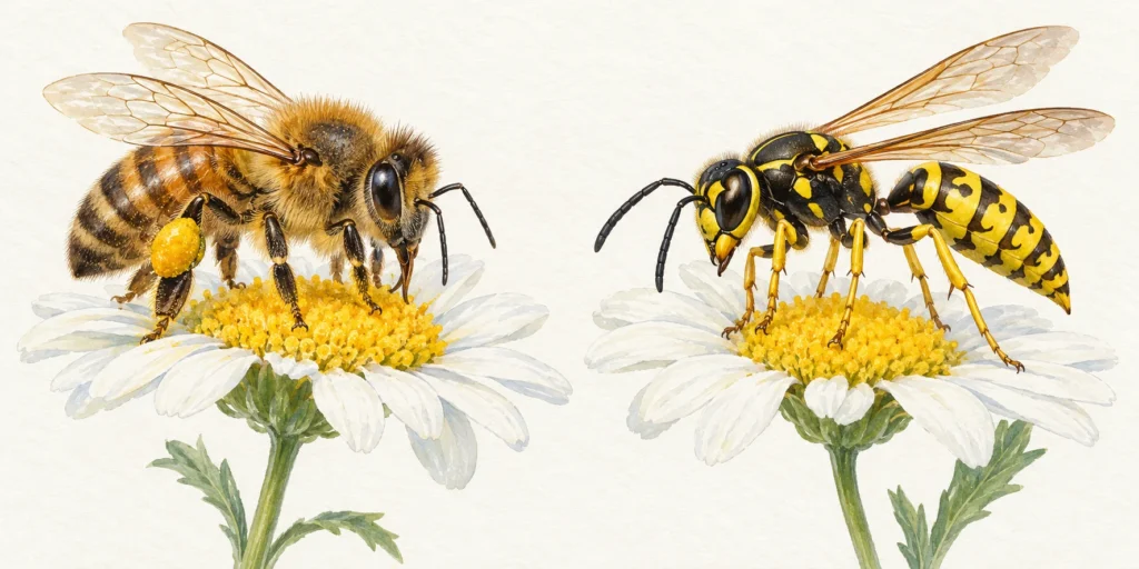 A representative brown-gold honeybee carrying pollen beside a sleek yellow-and-black social wasp, each perched on a separate flower.