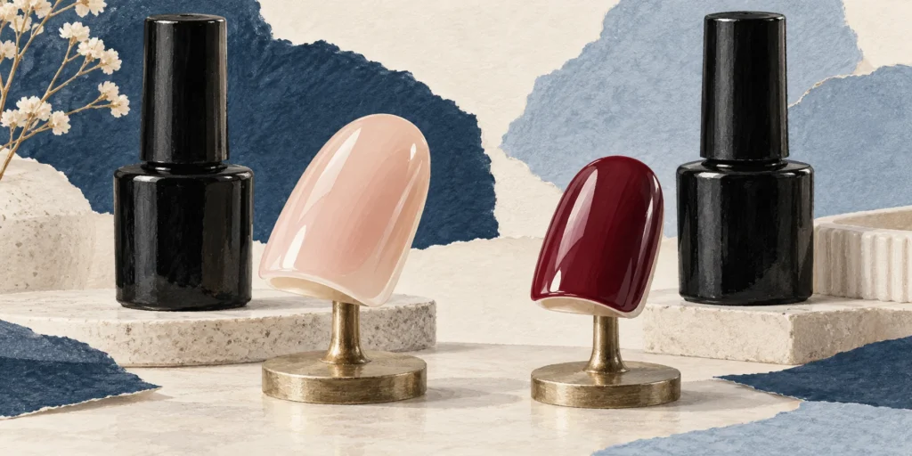 A blush-nude builder-gel nail display tip with a fuller profile beside a thinner burgundy colour-gel tip and unbranded bottles.