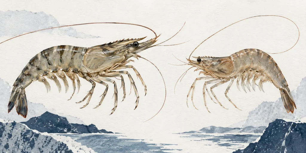 An uncooked banded tiger prawn beside a sandy-brown caridean shrimp, both shown with segmented bodies, fine legs, long antennae and tail fans.