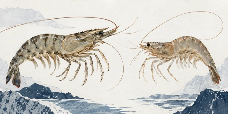 An uncooked banded tiger prawn beside a sandy-brown caridean shrimp, both shown with segmented bodies, fine legs, long antennae and tail fans.