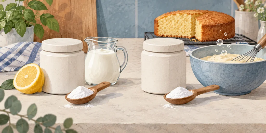 Two blank jars and spoons of white raising-agent powder, with lemon and yoghurt beside one and a bubbling mixing bowl beside the other.