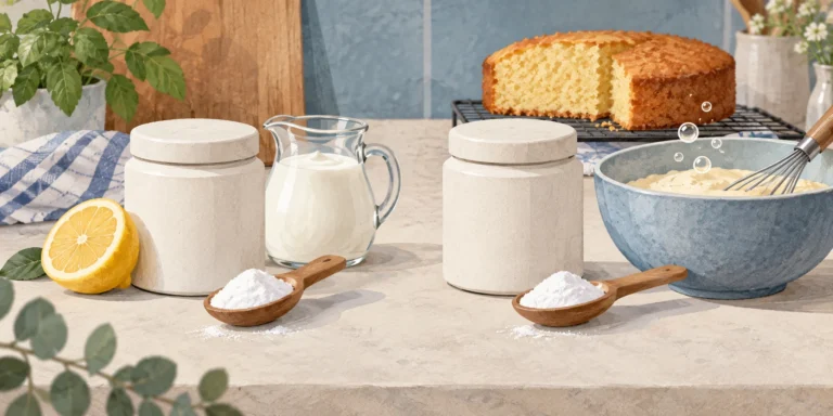 Two blank jars and spoons of white raising-agent powder, with lemon and yoghurt beside one and a bubbling mixing bowl beside the other.
