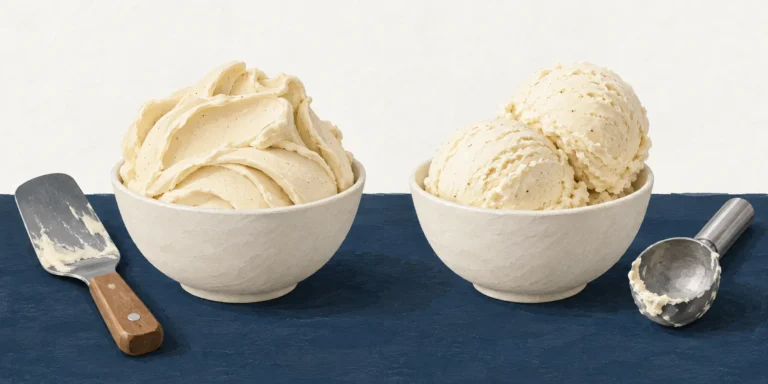 Silky folded vanilla gelato in a bowl beside rounded vanilla ice-cream scoops, with a spatula and ice-cream scoop.