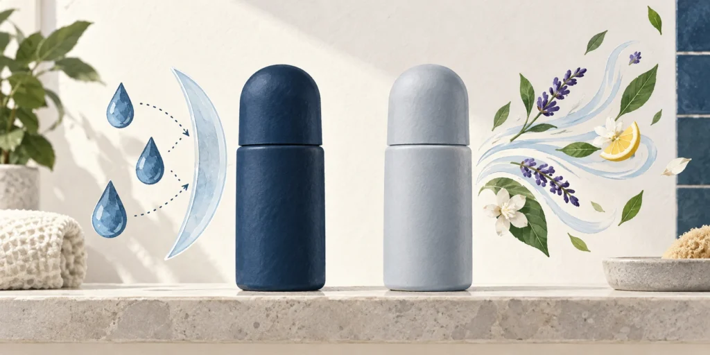 Two blank roll-on bottles with a water-droplet shield and a scented-air motif representing sweat reduction and odour control.