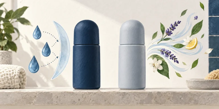 Two blank roll-on bottles with a water-droplet shield and a scented-air motif representing sweat reduction and odour control.
