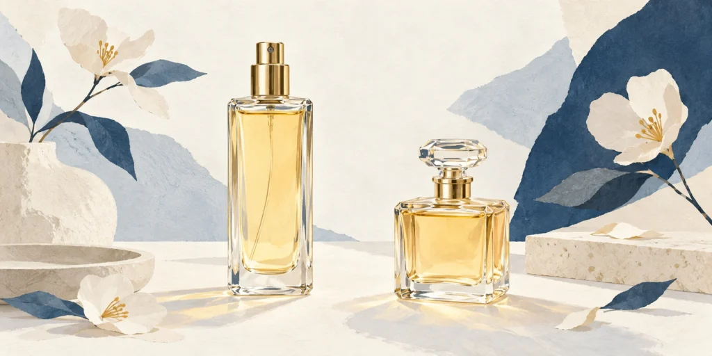 An unbranded tall fragrance spray bottle beside a compact glass-stopper perfume bottle, both containing pale golden liquid.