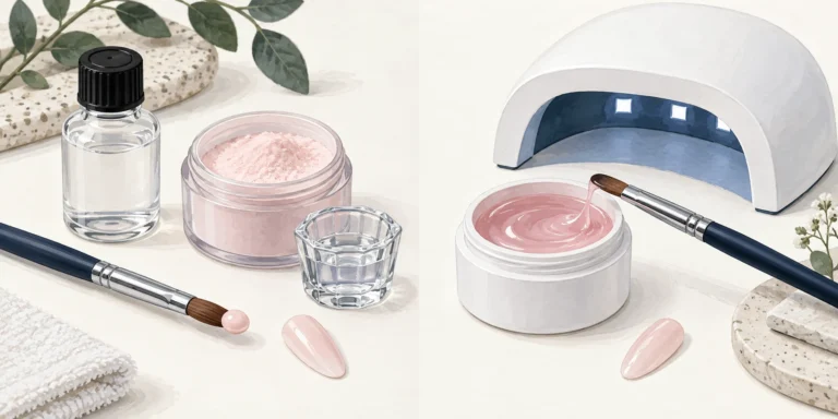 Separate acrylic liquid, powder and a sculpting brush beside a builder gel pot, matching nail tip and UV/LED curing lamp.