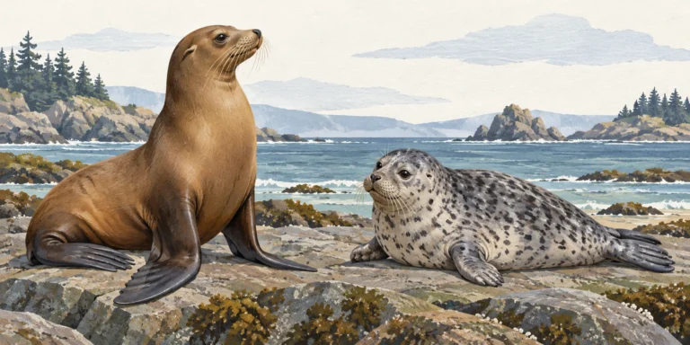 A brown sea lion upright on long front flippers, with a visible ear flap, beside a spotted harbour seal resting on its belly with short front flippers.