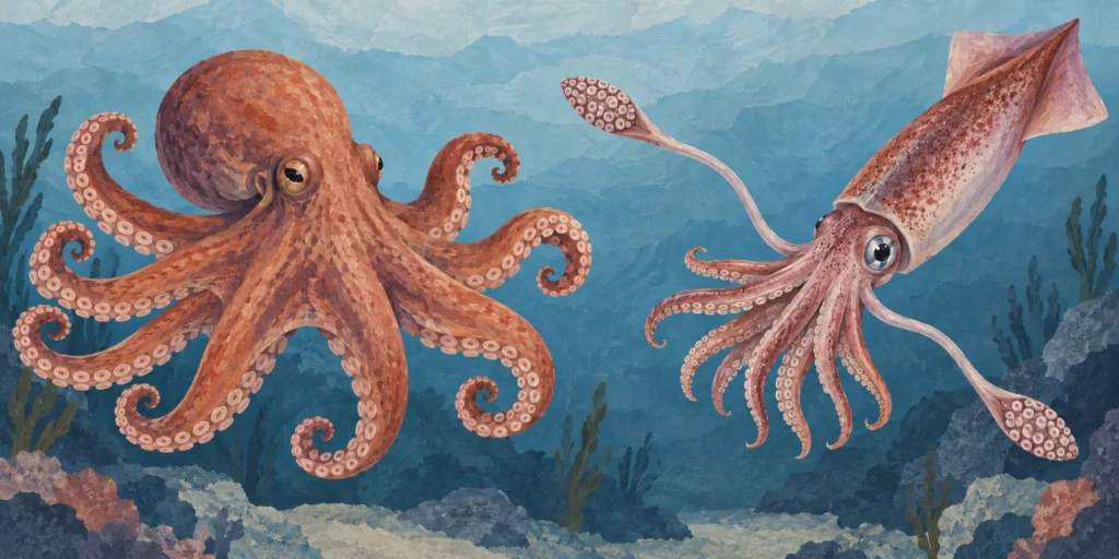 An eight-armed octopus beside a squid with eight shorter arms, two longer club-ended feeding tentacles and paired fins at the rear of its mantle.
