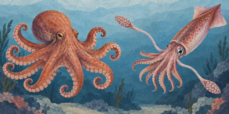 An eight-armed octopus beside a squid with eight shorter arms, two longer club-ended feeding tentacles and paired fins at the rear of its mantle.