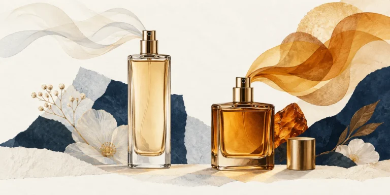 Two unbranded perfume spray bottles with amber liquid and abstract translucent aroma shapes.