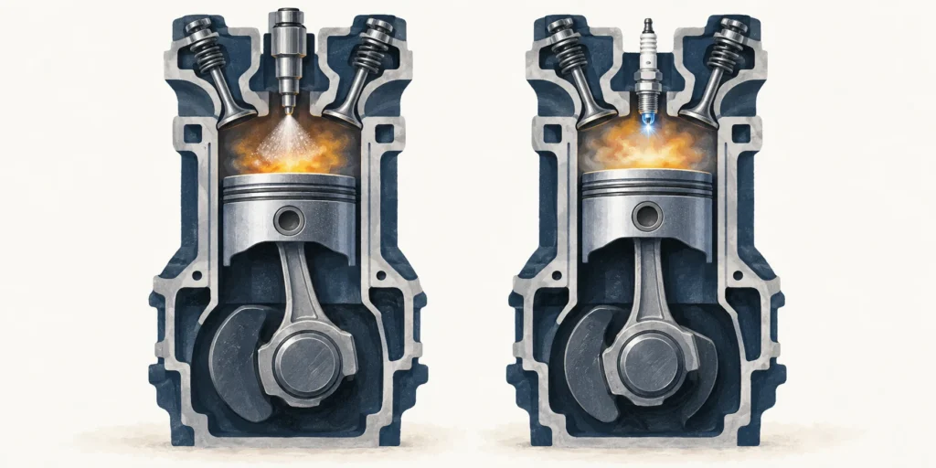 Two schematic engine cutaways: a diesel injector sprays into a hot chamber on the left, while a petrol spark plug produces a small blue spark on the right.