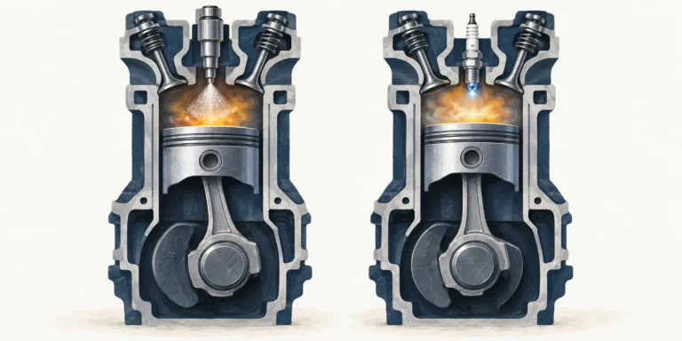 Two schematic engine cutaways: a diesel injector sprays into a hot chamber on the left, while a petrol spark plug produces a small blue spark on the right.