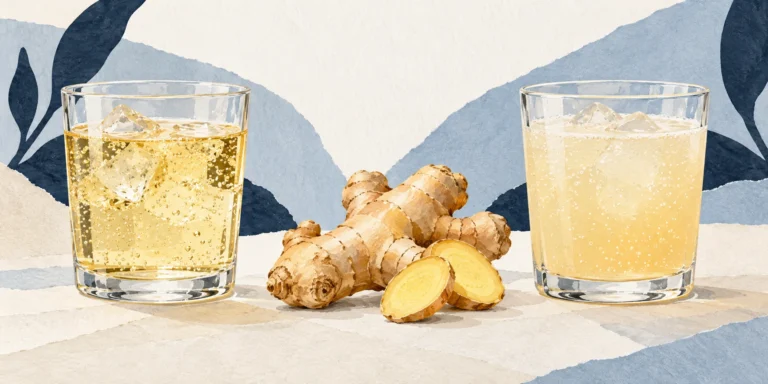 A clear golden ginger drink and a cloudy pale ginger drink in matching glasses, with ginger root between them.