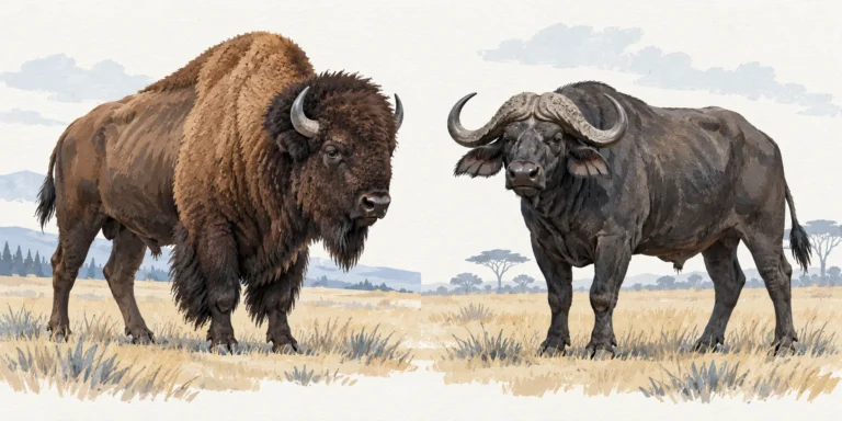 An American bison with a high shoulder hump and shaggy beard beside an African Cape buffalo with broad curved horns and a central horn boss.