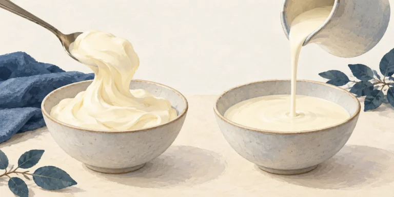 Thick double cream lifted on a spoon beside a separate bowl of thinner single cream being poured from a jug, illustrated in matte gouache.
