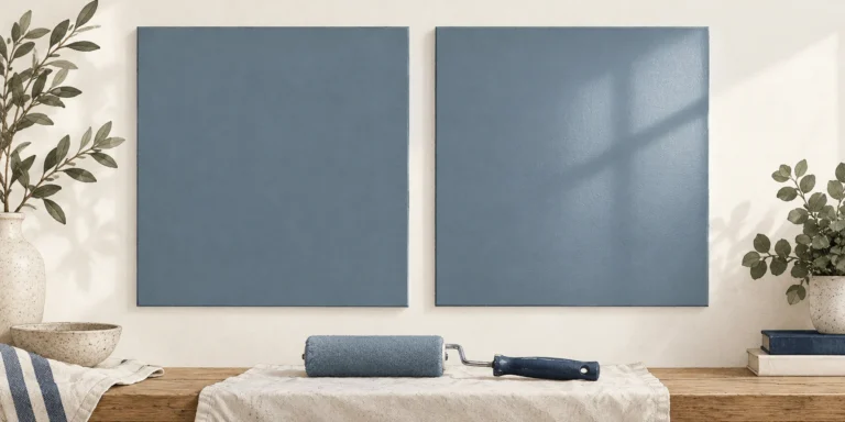 Two blue-grey wall samples: a diffuse matt finish on the left and a soft reflected light band on the silk finish on the right.