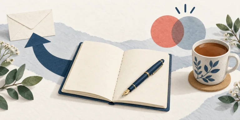 An open blank notebook and pen with an arrow towards an envelope and overlapping circles as a metaphor for direction and addition.