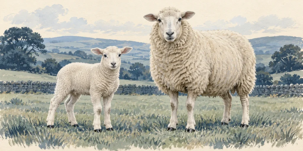 A smaller young lamb standing beside a mature ewe in a simple British pasture, illustrating the age distinction behind lamb and mutton.