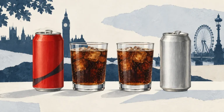Two unbranded red and silver cola cans beside equal glasses of dark fizzy cola in a British city setting.