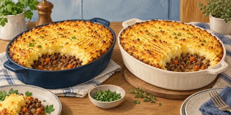 Two similar mashed-potato-topped meat pies in navy and ivory baking dishes, with servings removed to show browned mince, gravy and carrot beneath the mash.