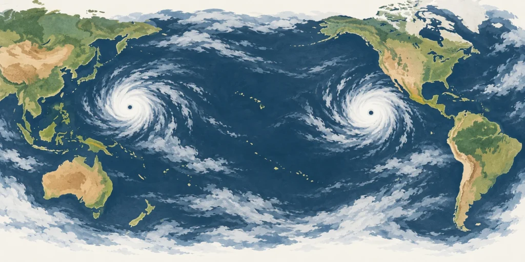 Two similar spiral tropical storms over the western and eastern North Pacific on a stylised Pacific-centred world map.