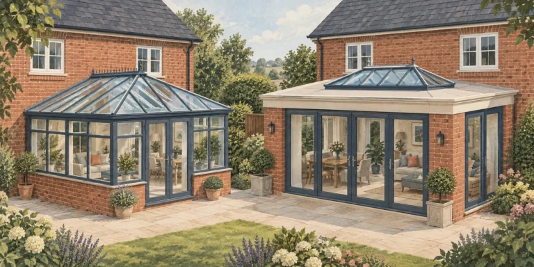 A glazed pitched-roof conservatory beside a brick-pier orangery with an opaque flat roof perimeter and a central glass lantern, both attached to brick houses.