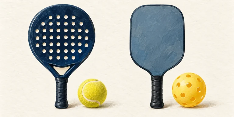 A perforated padel racket with a fuzzy yellow ball beside a solid pickleball paddle with a hollow perforated yellow ball.