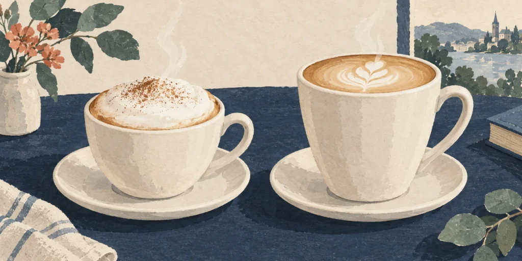 A smaller cappuccino with a thick milk-foam cap and optional cocoa dusting beside a taller latte with thin microfoam and leaf art.