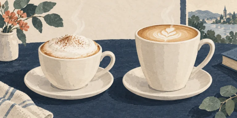 A smaller cappuccino with a thick milk-foam cap and optional cocoa dusting beside a taller latte with thin microfoam and leaf art.