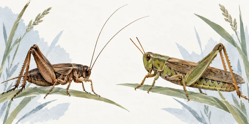A brown cricket with long fine antennae beside a green-brown grasshopper with shorter antennae, both on separate grass stems.