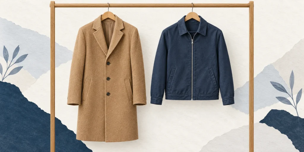 A long camel-coloured overcoat hanging beside a shorter navy zip jacket, with both garments shown in full.