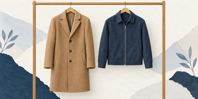 A long camel-coloured overcoat hanging beside a shorter navy zip jacket, with both garments shown in full.