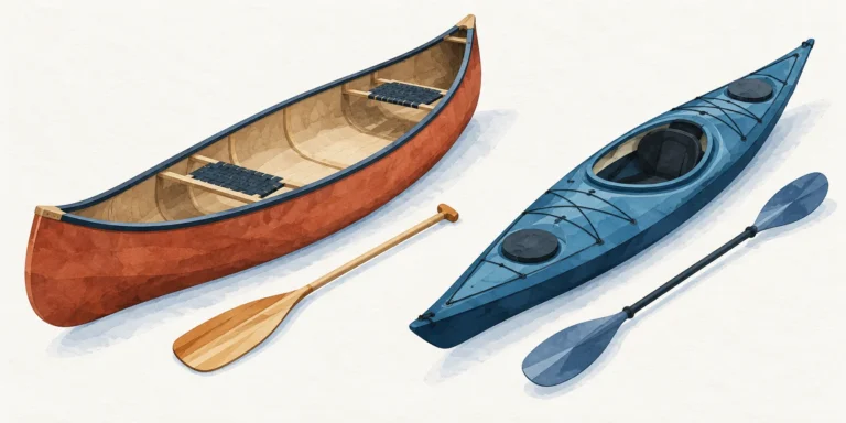 An open canoe with bench seats and a single-bladed paddle beside a decked kayak with one cockpit and a double-bladed paddle.