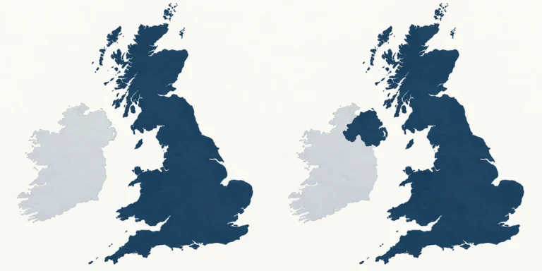Two simplified island maps: Great Britain highlighted on the left, and Great Britain plus Northern Ireland highlighted on the right.